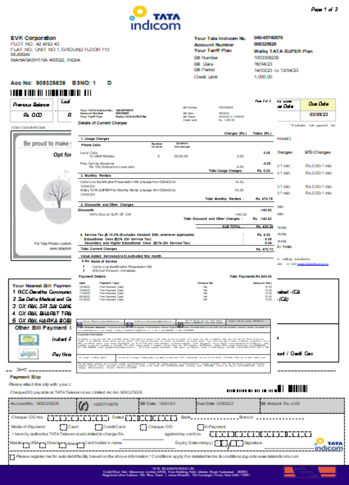 Tata Indicom mobile utility business bill, page 2, SCR PSD template
